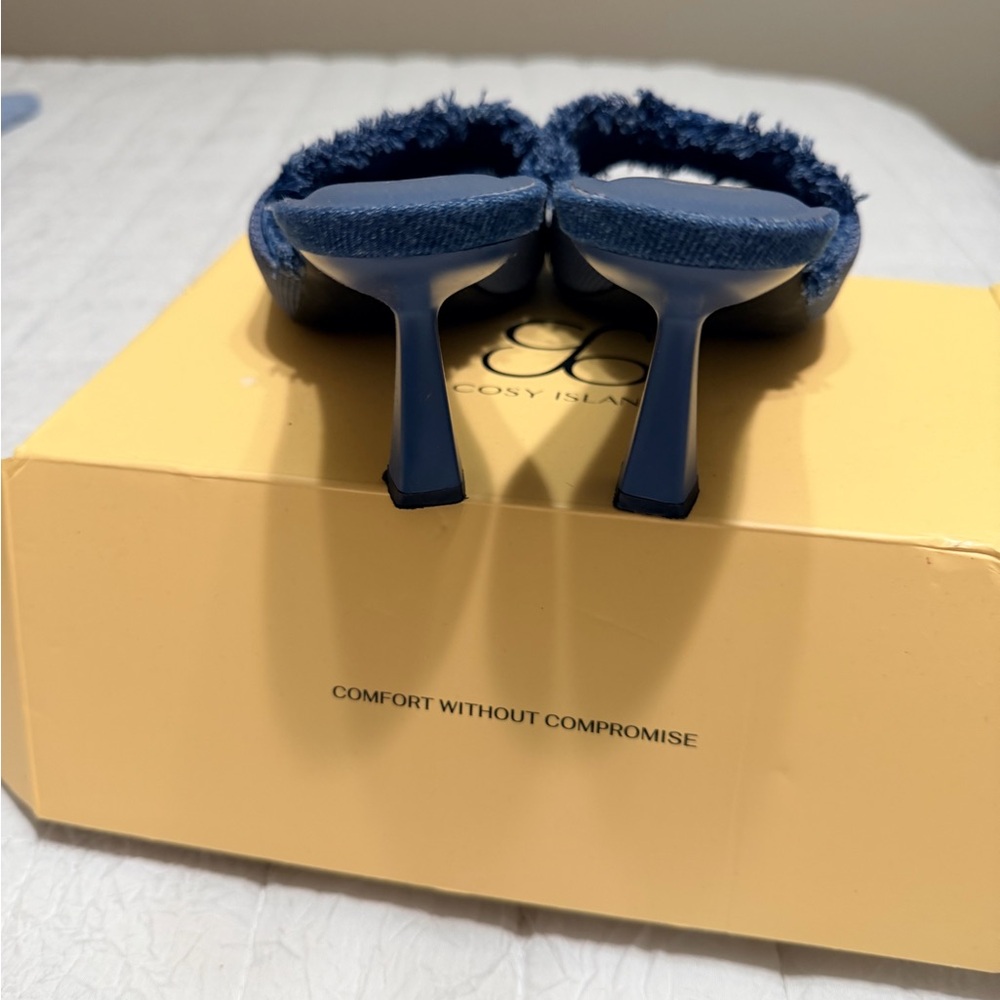 Cosy Island Denim Blue Heels with Frayed Detailing - Picture 3 of 6